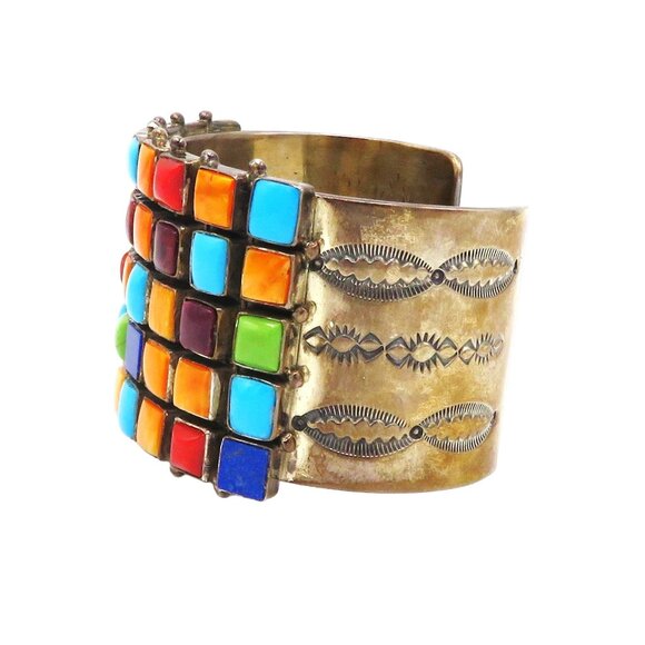 Vintage Sterling Silver Navajo Roie Jaque Multi Gemstone Mosaic Cuff Bracelet - Picture 7 of 8